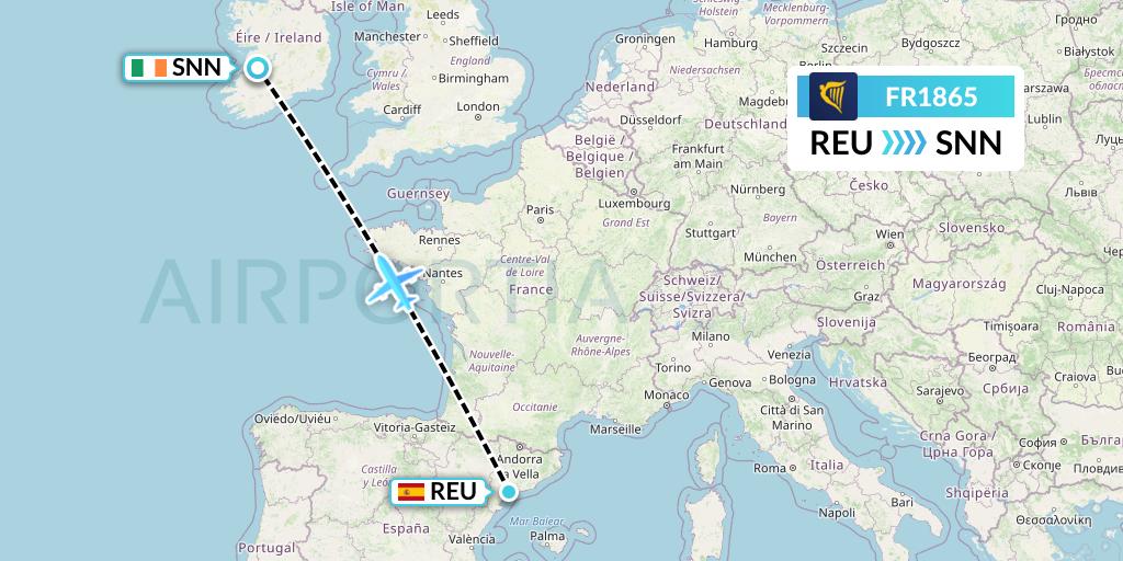 FR1865 Ryanair Flight Map: Reus to Shannon