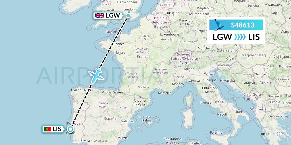 S48613 Azores Airlines Flight Map: London to Lisbon