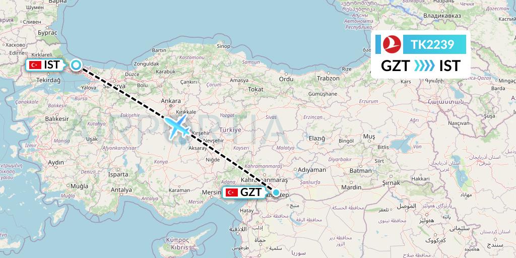 TK2239 Turkish Airlines Flight Map: Gaziantep to Istanbul