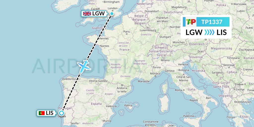 TP1337 TAP Portugal Flight Map: London to Lisbon