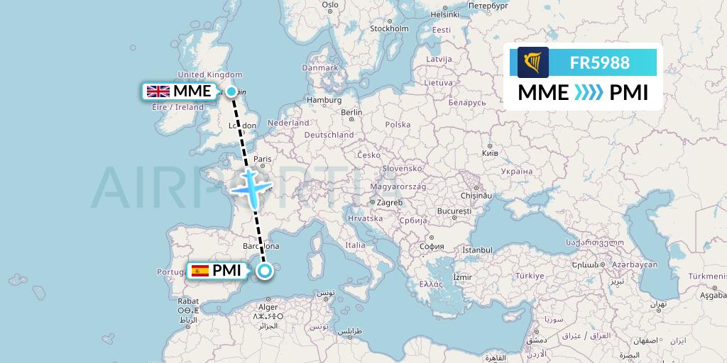 FR5988 Ryanair Flight Map: Darlington to Palma de Mallorca