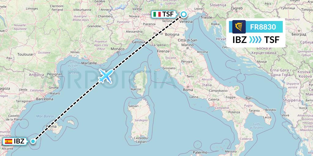 FR8830 Ryanair Flight Map: Ibiza to Treviso