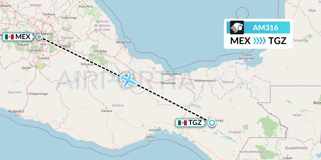 AM316 Aeromexico Flight Map: Mexico City to Tuxtla Gutierrez