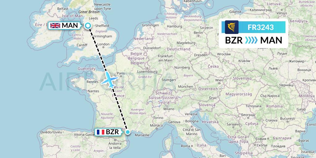 FR3243 Ryanair Flight Map: Beziers to Manchester