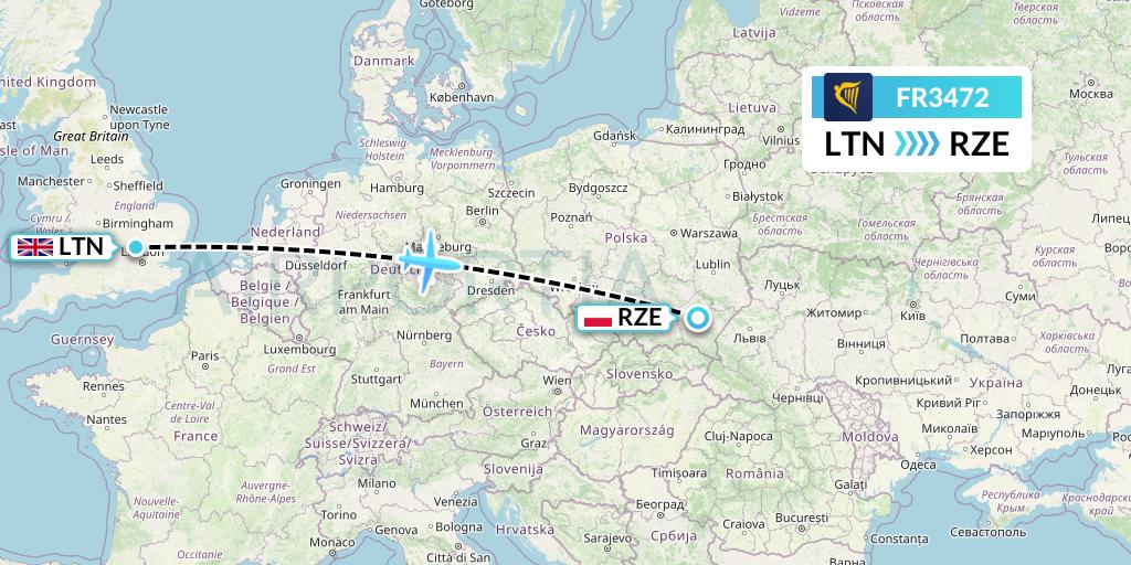 FR3472 Ryanair Flight Map: London to Rzeszow