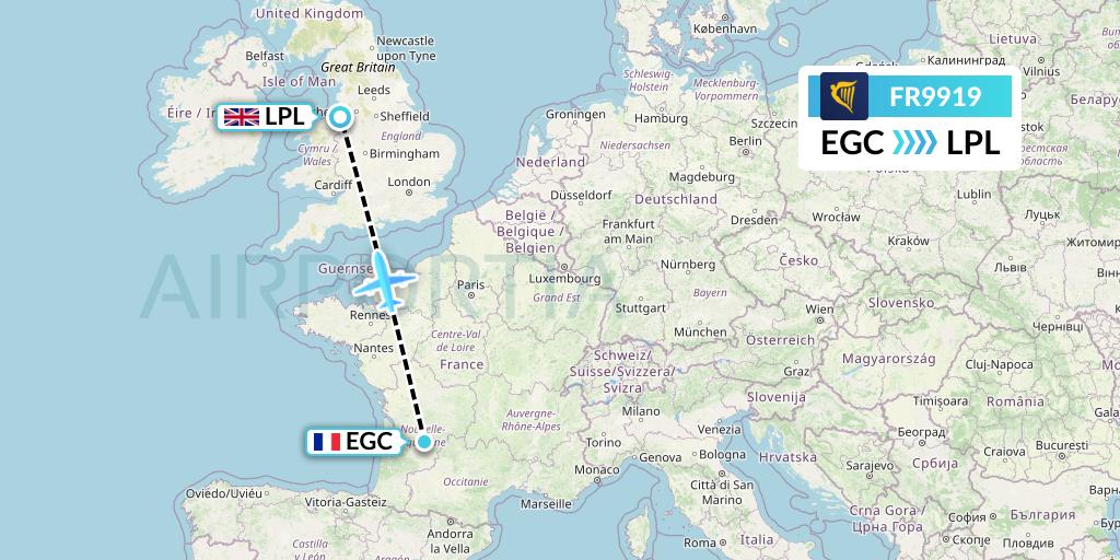 FR9919 Ryanair Flight Map: Bergerac to Liverpool