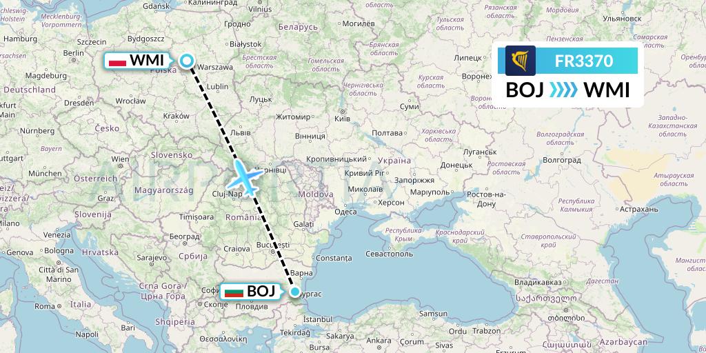 FR3370 Ryanair Flight Map: Burgas to Warsaw
