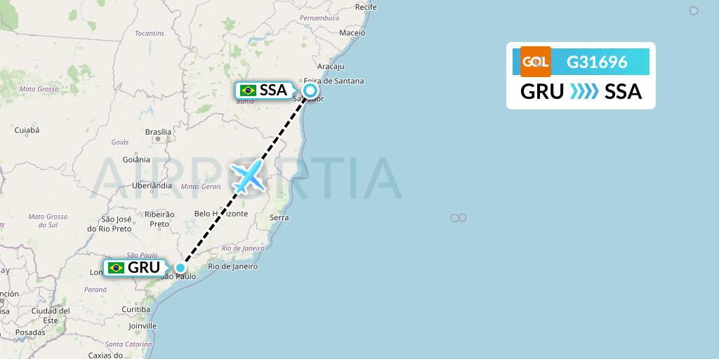 G31696 GOL Transportes Aeros Flight Map: Sao Paulo to Salvador
