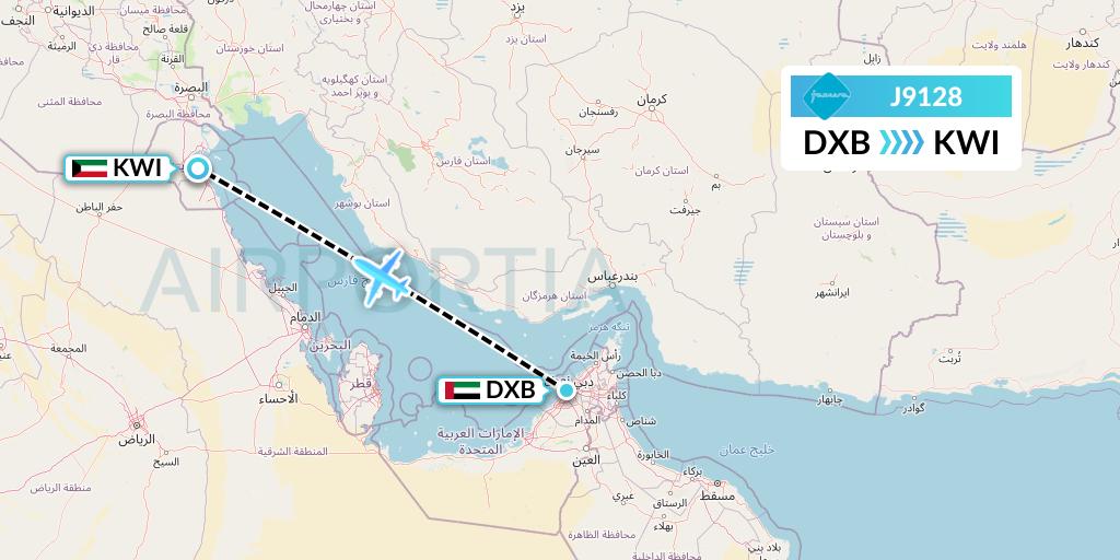 J9128 Jazeera Airways Flight Map: Dubai to Kuwait City