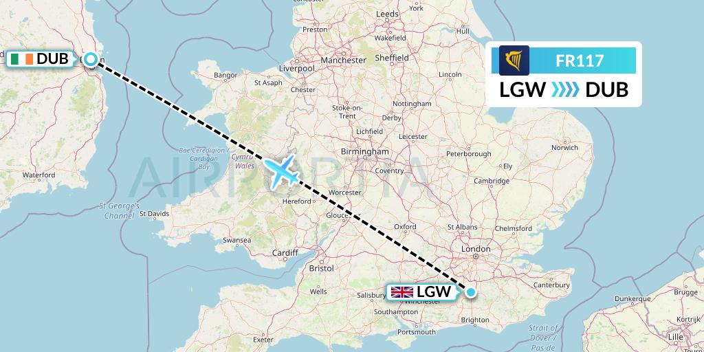 FR117 Ryanair Flight Map: London to Dublin