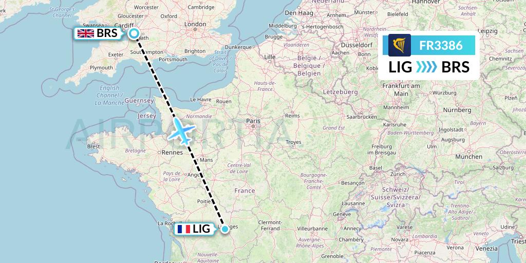 FR3386 Ryanair Flight Map: Limoges to Bristol