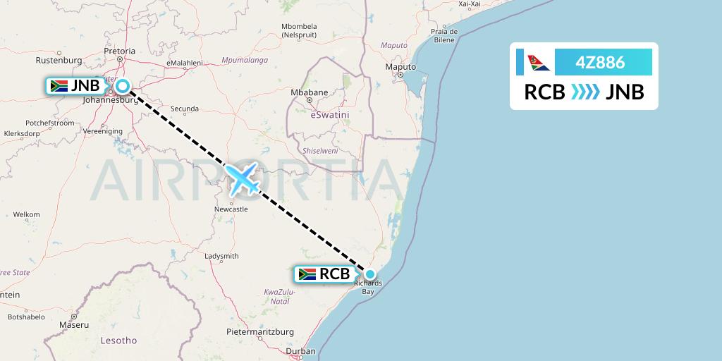 4Z886 Airlink Flight Map: Richards Bay to Johannesburg