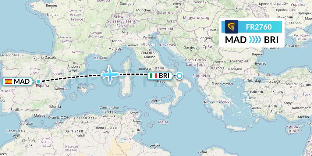 FR2760 Ryanair Flight Map: Madrid to Bari