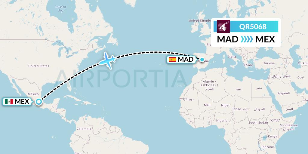 QR5068 Qatar Airways Flight Map: Madrid to Mexico City
