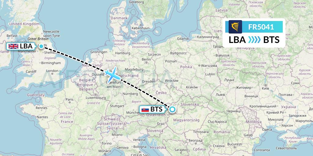 FR5041 Ryanair Flight Map: Leeds to Bratislava