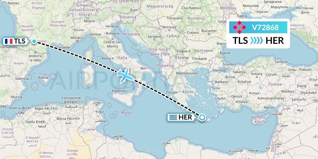 V72868 Volotea Flight Map: Toulouse to Heraklion