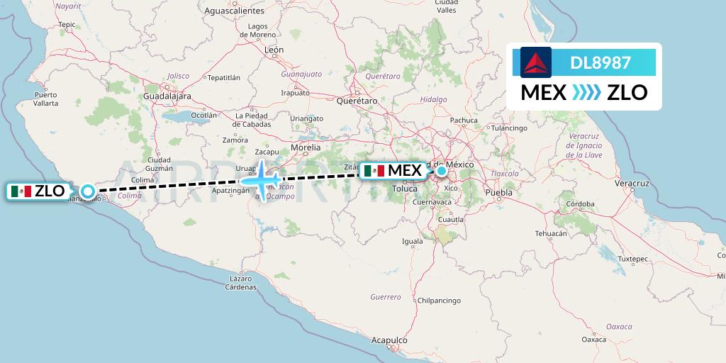 DL8987 Delta Air Lines Flight Map: Mexico City to Manzanillo