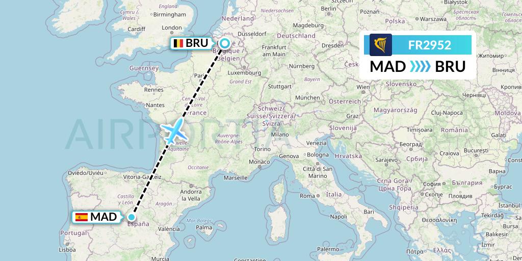 FR2952 Ryanair Flight Map: Madrid to Brussels