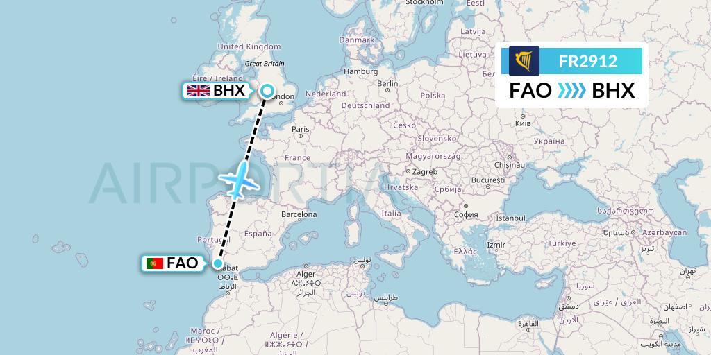 FR2912 Ryanair Flight Map: Faro to Birmingham