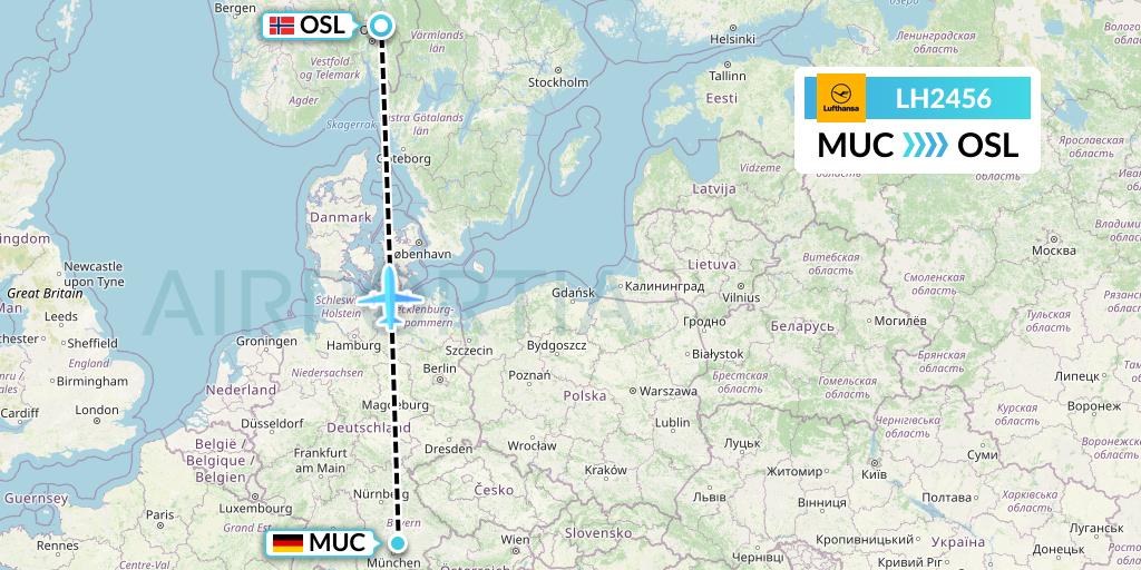 LH2456 Lufthansa Flight Map: Munich to Oslo