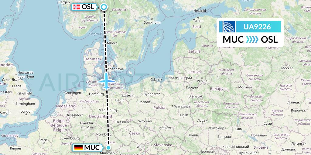 UA9226 United Airlines Flight Map: Munich to Oslo