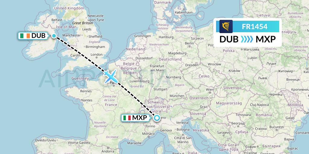 FR1454 Ryanair Flight Map: Dublin to Milan