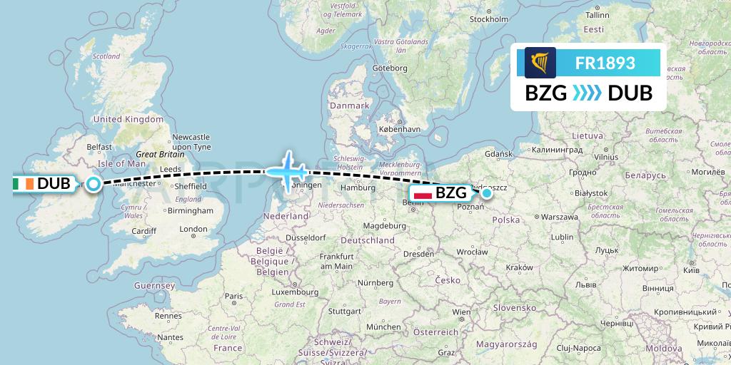 FR1893 Ryanair Flight Map: Bydgoszcz to Dublin