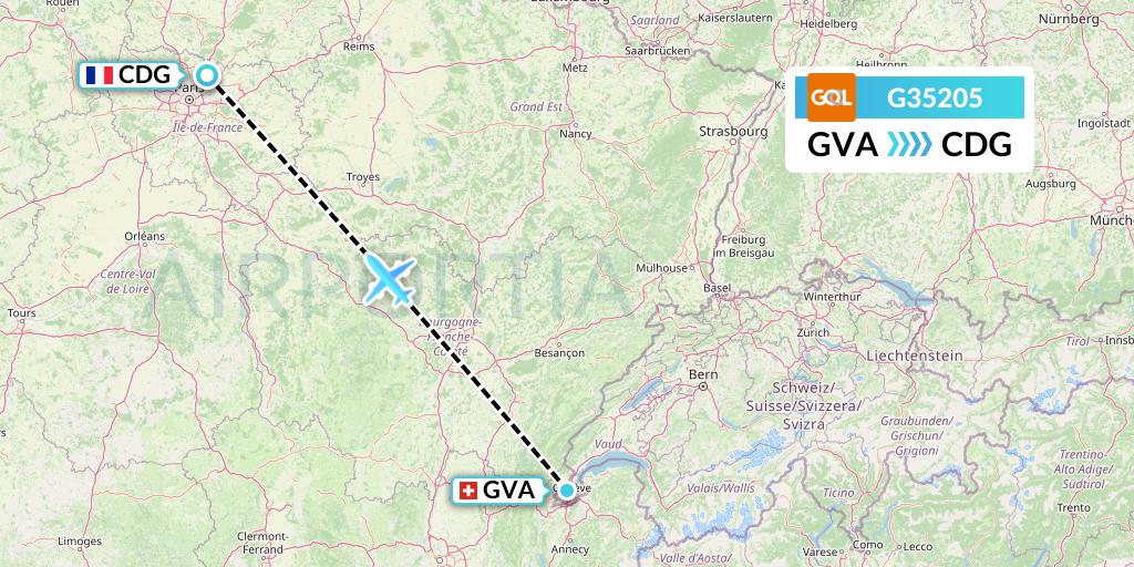 G35205 GOL Transportes Aeros Flight Map: Geneva to Paris