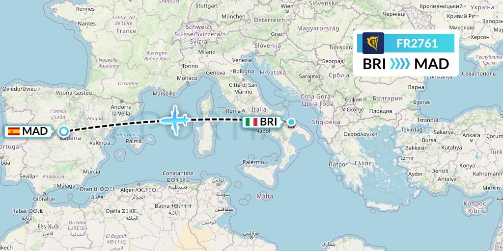 FR2761 Ryanair Flight Map: Bari to Madrid