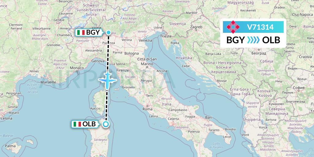 V71314 Volotea Flight Map: Milan to Olbia
