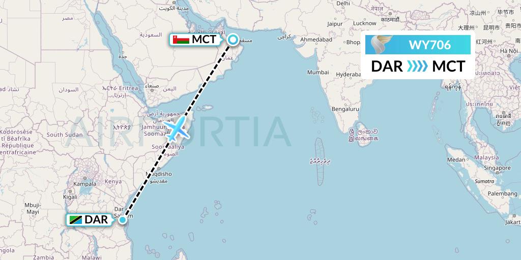 WY706 Oman Air Flight Map: Dar-es-Salaam to Muscat