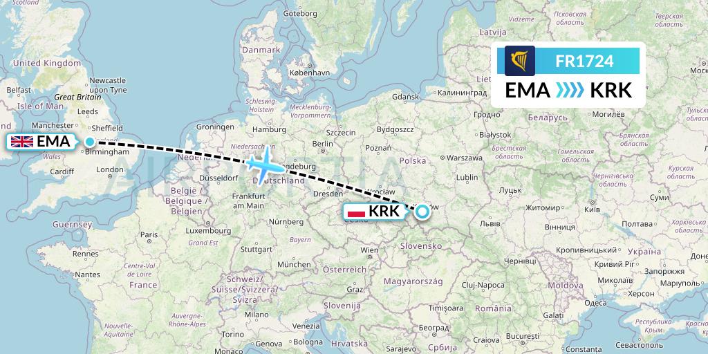FR1724 Ryanair Flight Map: East Midlands to Krakow