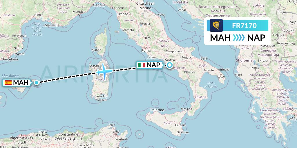 FR7170 Ryanair Flight Map: Mahon to Naples