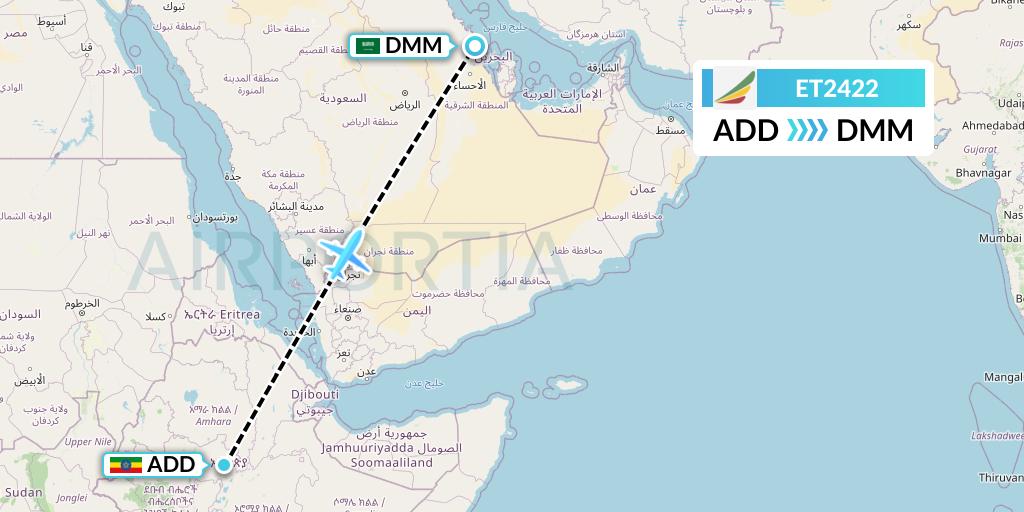 ET2422 Ethiopian Airlines Flight Map: Addis Ababa to Dammam