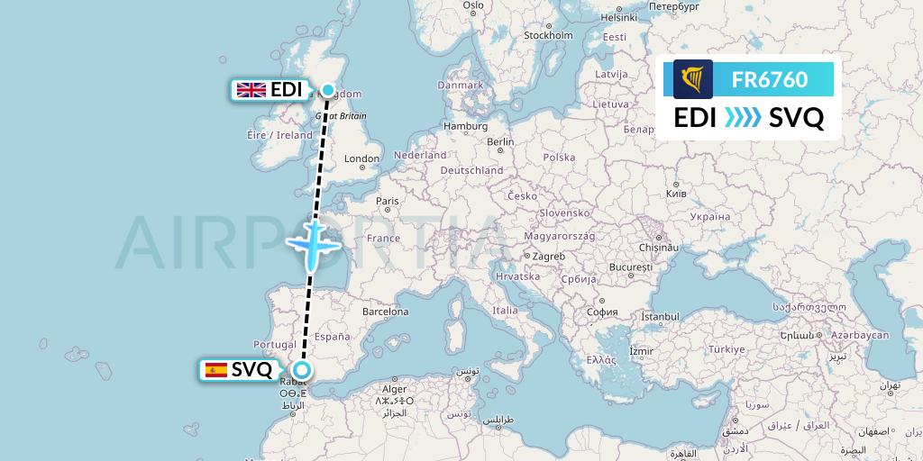 FR6760 Ryanair Flight Map: Edinburgh to Seville