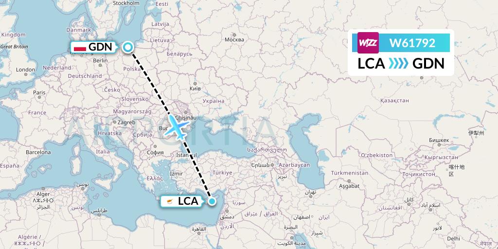 W61792 Wizz Air Flight Map: Larnaca to Gdansk