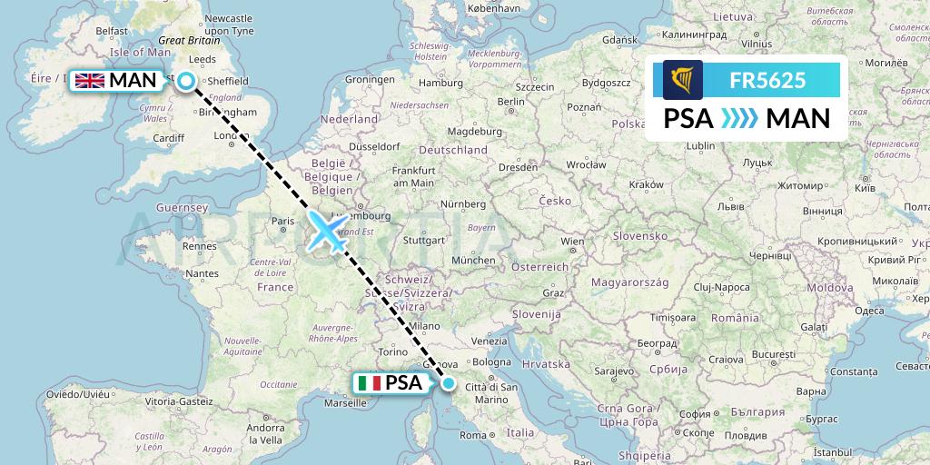 FR5625 Ryanair Flight Map: Pisa to Manchester