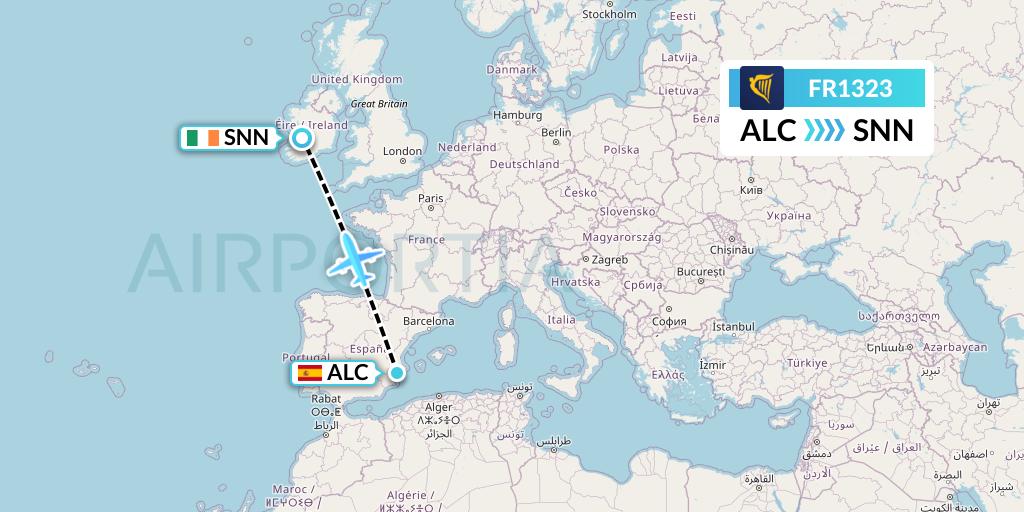 FR1323 Ryanair Flight Map: Alicante to Shannon