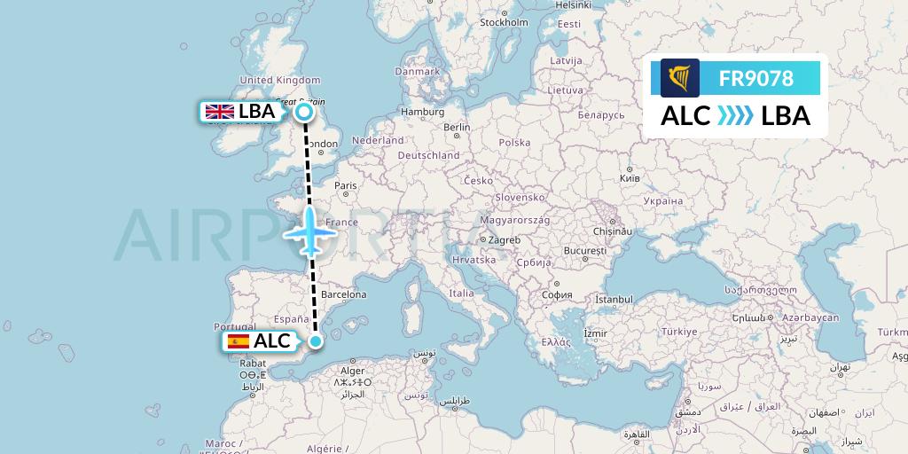 FR9078 Ryanair Flight Map: Alicante to Leeds