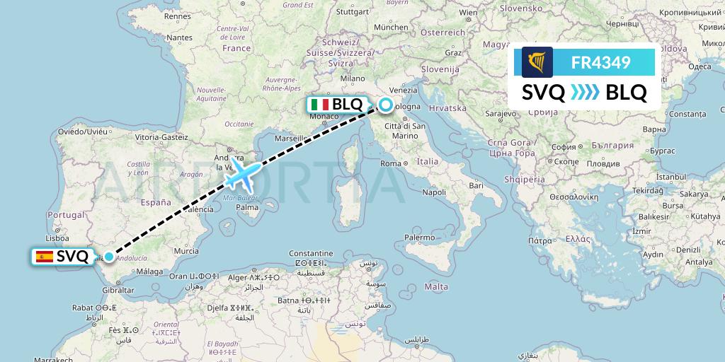 FR4349 Ryanair Flight Map: Seville to Bologna