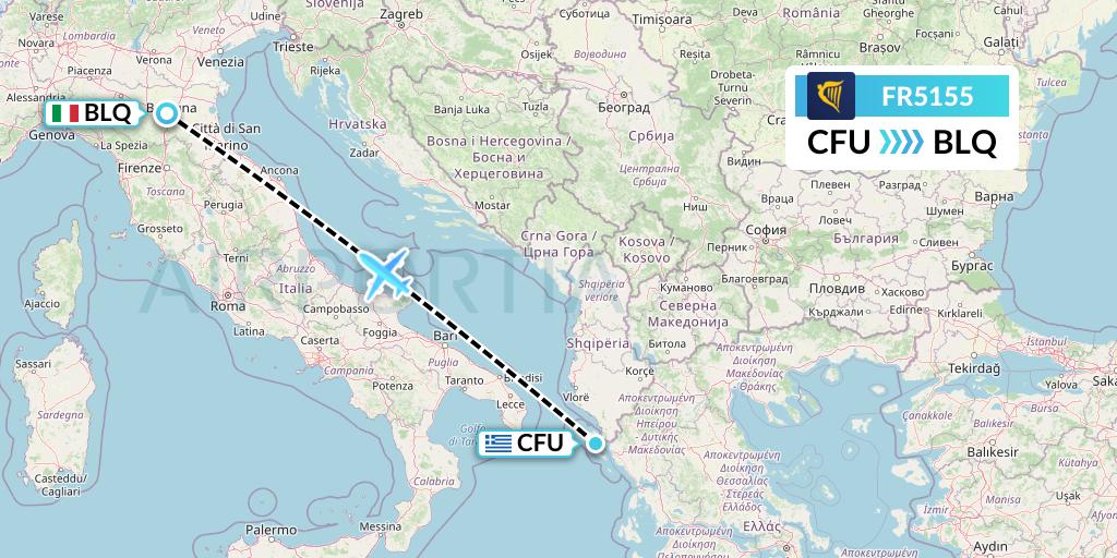 FR5155 Ryanair Flight Map: Corfu to Bologna