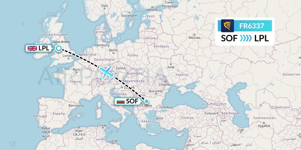 FR6337 Ryanair Flight Map: Sofia to Liverpool