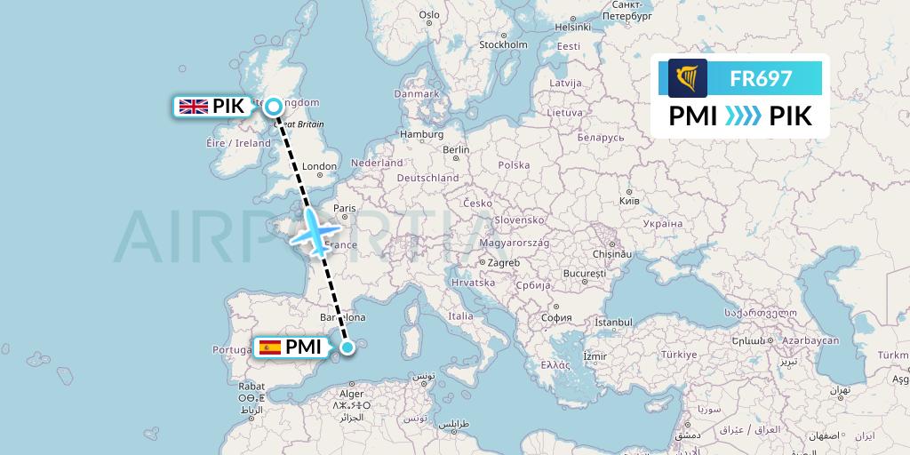 FR697 Ryanair Flight Map: Palma de Mallorca to Prestwick