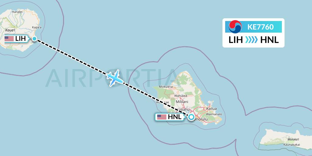 KE7760 Korean Air Flight Map: Lihue to Honolulu