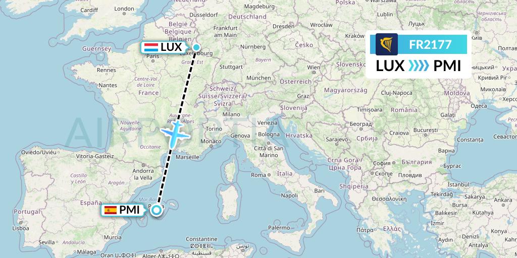 FR2177 Ryanair Flight Map: Luxembourg to Palma de Mallorca
