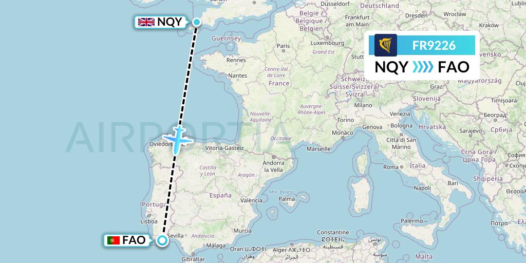 FR9226 Ryanair Flight Map: Newquay to Faro