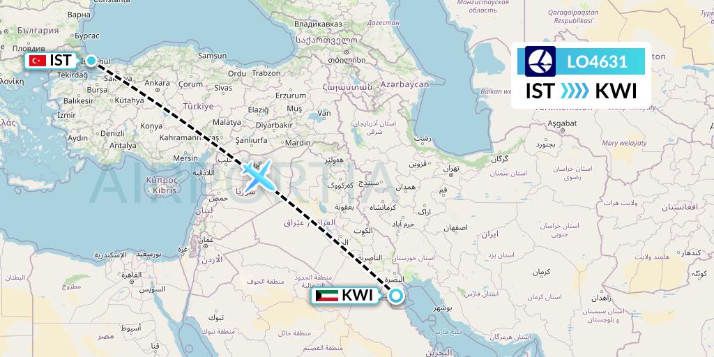 LO4631 LOT Flight Map: Istanbul to Kuwait City