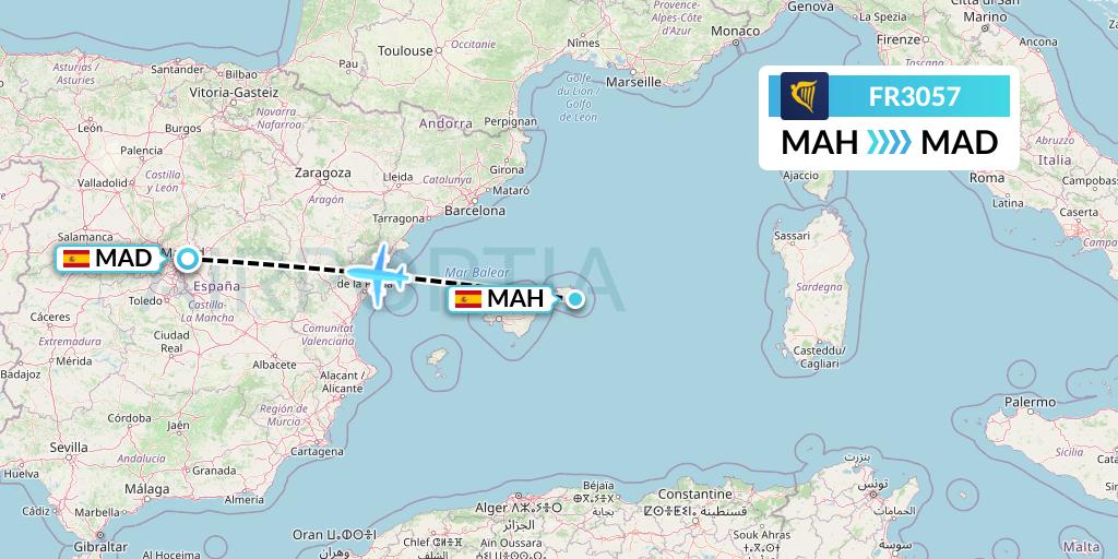 FR3057 Ryanair Flight Map: Mahon to Madrid
