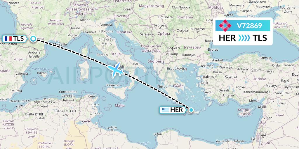 V72869 Volotea Flight Map: Heraklion to Toulouse