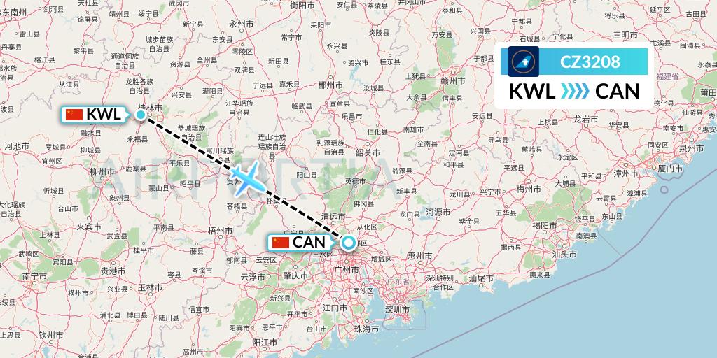 CZ3208 China Southern Airlines Flight Map: Guilin to Guangzhou